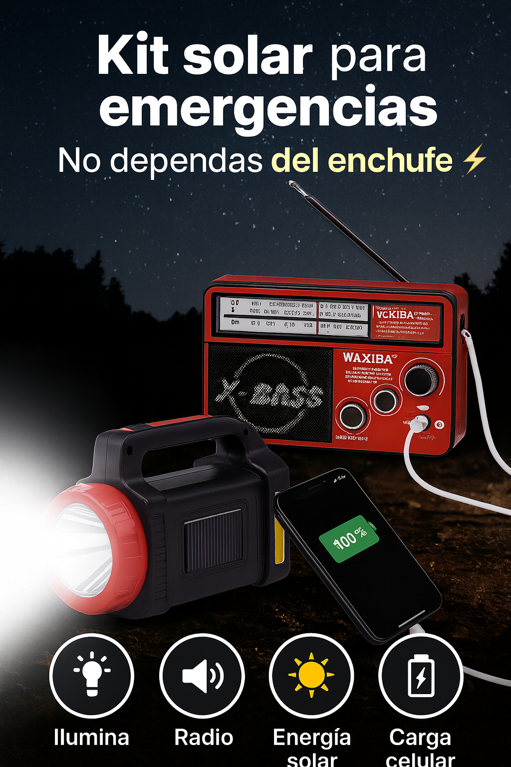 Kit Solar Emergencia – Carga Celular, Ilumina y Te Mantiene Informado
