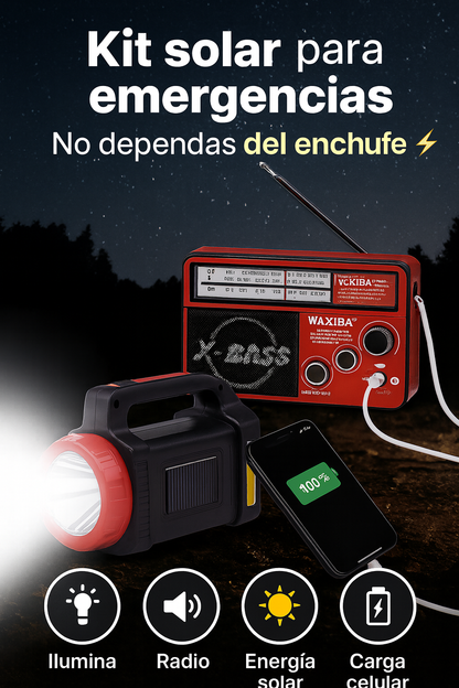 Kit Solar Emergencia – Carga Celular, Ilumina y Te Mantiene Informado