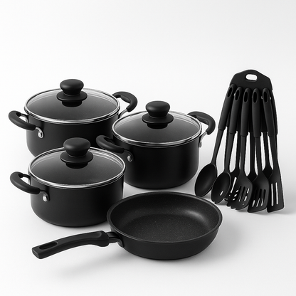 Set de Ollas y Sartén Antiadherente Negro + Utensilios de regalo (10 piezas total)